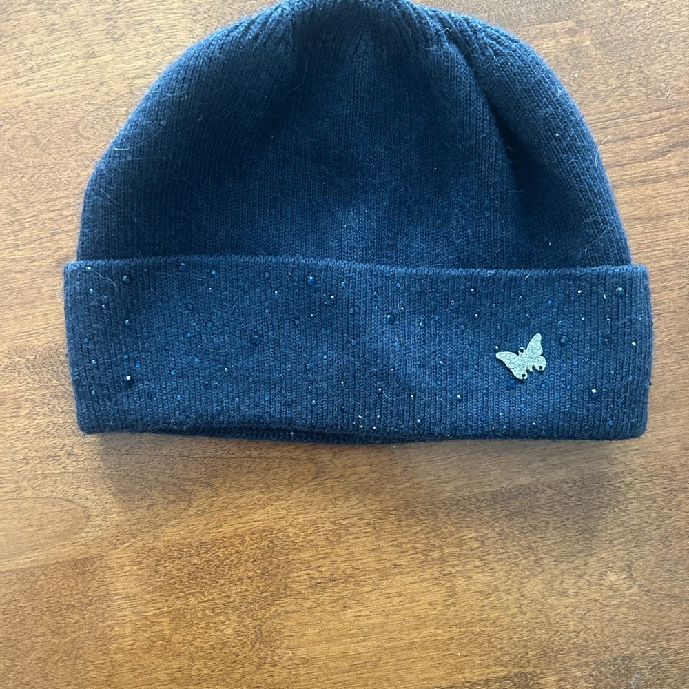 Navy Blue Cashmere Beanie with Butterfly Accent
